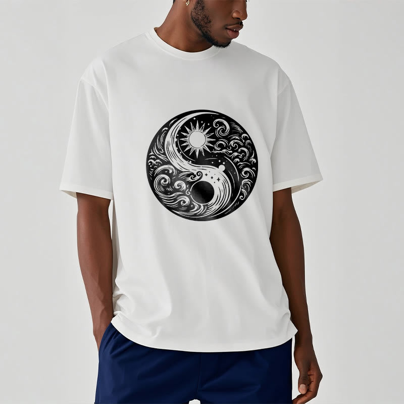 Buddha Stones、太陽、月、波、陰陽柄コットンTシャツ - image 3