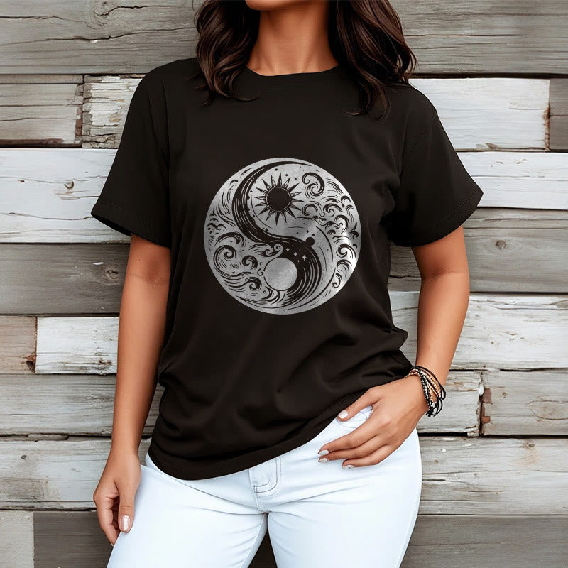 Buddha Stones、太陽、月、波、陰陽柄コットンTシャツ - image 6