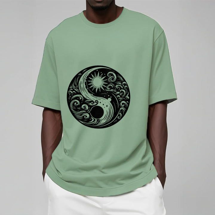 Buddha Stones、太陽、月、波、陰陽柄コットンTシャツ - image 16