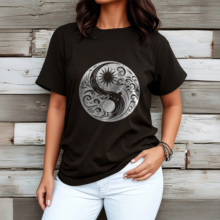 Buddha Stones、太陽、月、波、陰陽柄コットンTシャツ - image 7