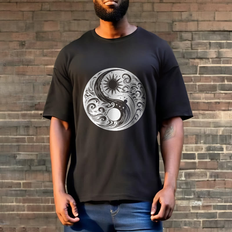 Buddha Stones、太陽、月、波、陰陽柄コットンTシャツ - image 7