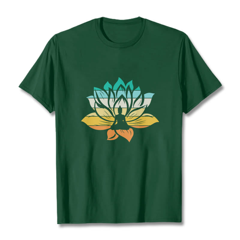 Buddha Stonesグラデーションカラーの蓮の花仏瞑想コットンTシャツ - フォレストグリーン - 2XL - image 10