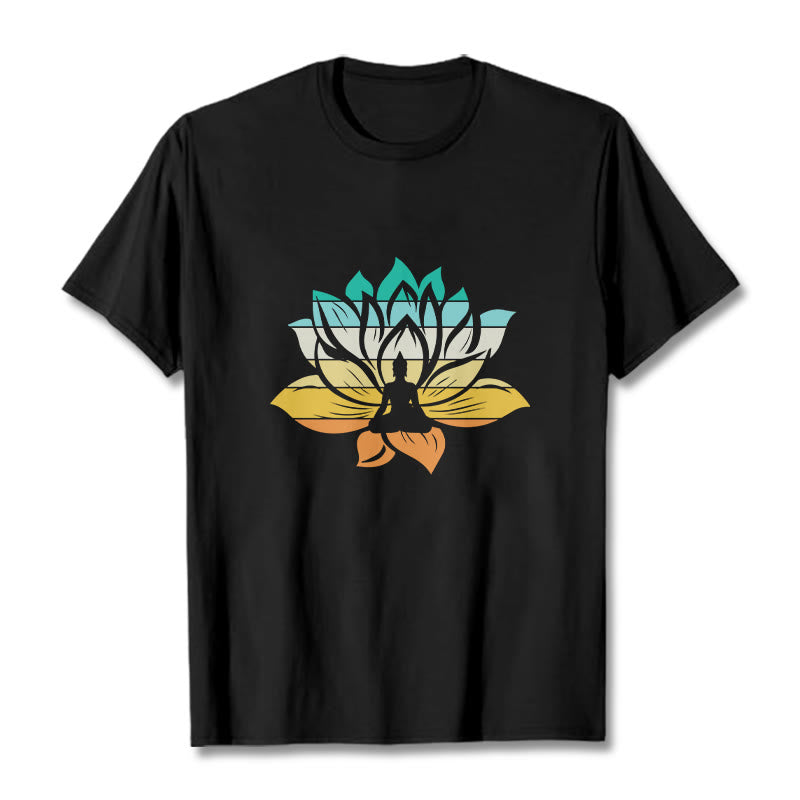 Buddha Stonesグラデーションカラーの蓮の花仏瞑想コットンTシャツ - 黒 - 2XL - image 0