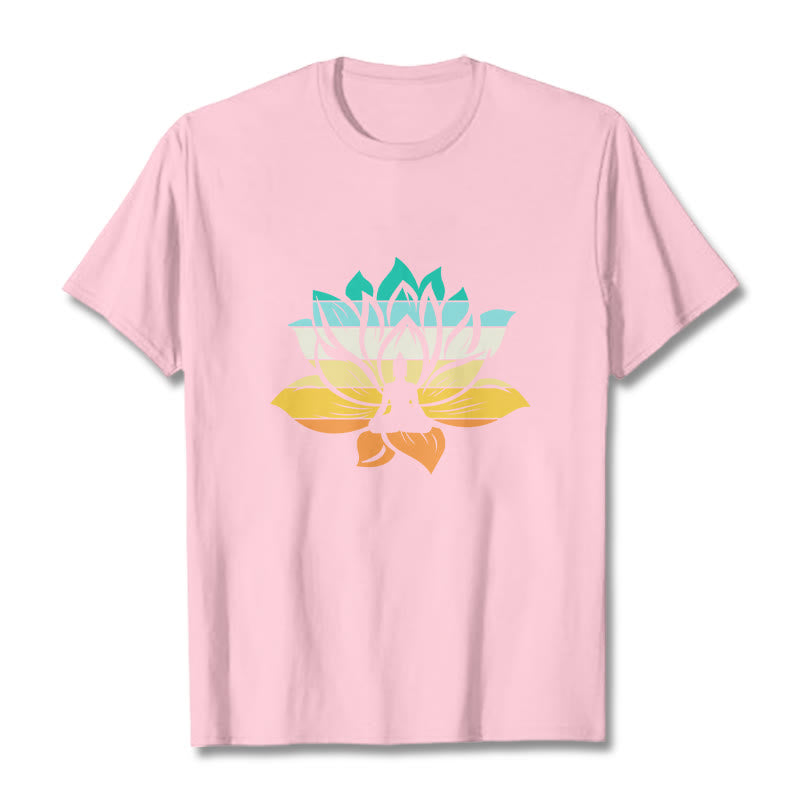 Buddha Stonesグラデーションカラーの蓮の花仏瞑想コットンTシャツ - ライトピンク - 2XL - image 13