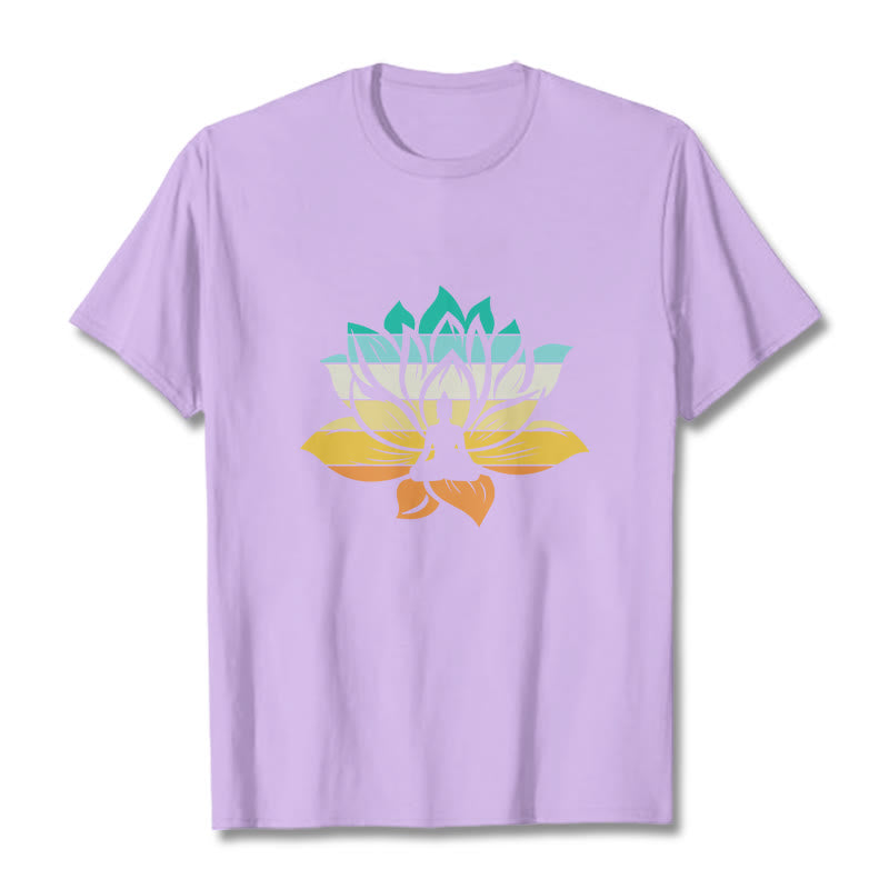 Buddha Stonesグラデーションカラーの蓮の花仏瞑想コットンTシャツ - 梅 - 2XL - image 17