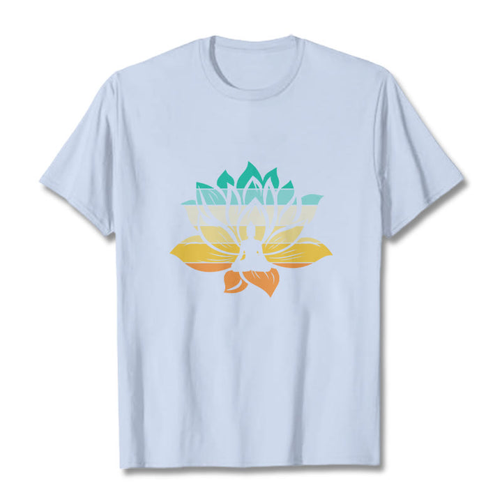 Buddha Stonesグラデーションカラーの蓮の花仏瞑想コットンTシャツ - ライトシアン - 2XL - image 18