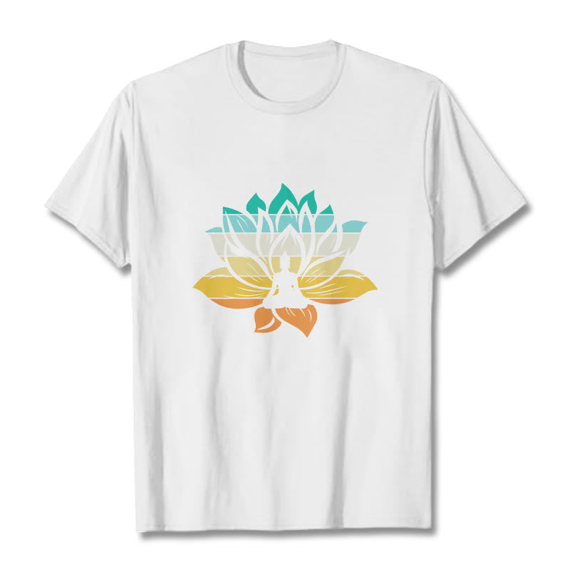 Buddha Stonesグラデーションカラーの蓮の花仏瞑想コットンTシャツ - 白 - 2XL - image 5