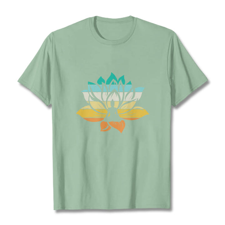 Buddha Stonesグラデーションカラーの蓮の花仏瞑想コットンTシャツ - ペールグリーン - 2XL - image 15