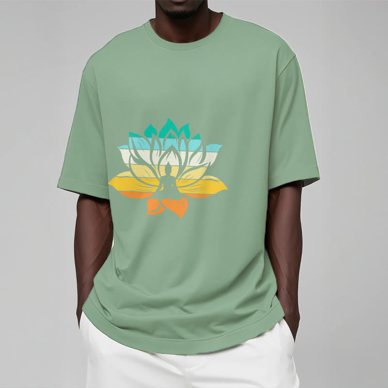 Buddha Stonesグラデーションカラーの蓮の花仏瞑想コットンTシャツ - image 16