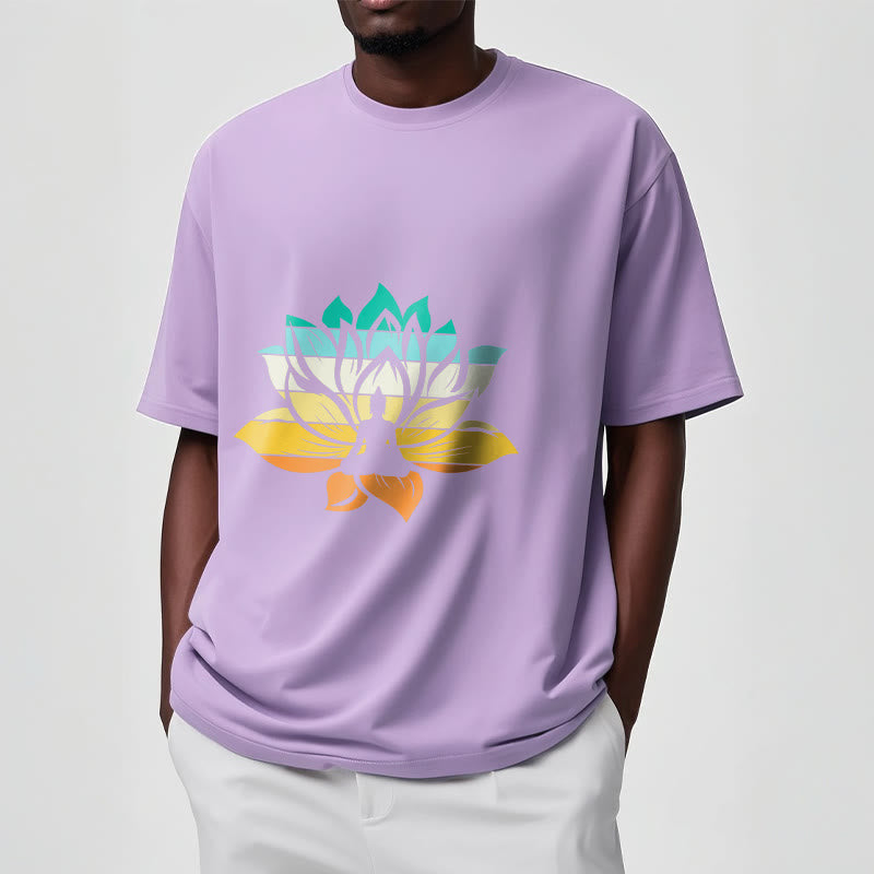 Buddha Stonesグラデーションカラーの蓮の花仏瞑想コットンTシャツ - image 18