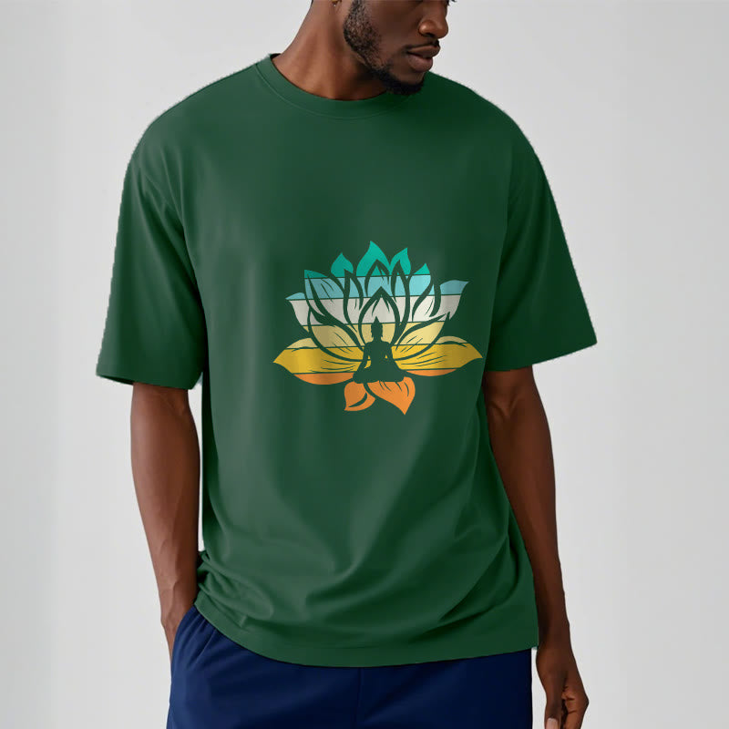 Buddha Stonesグラデーションカラーの蓮の花仏瞑想コットンTシャツ - image 11