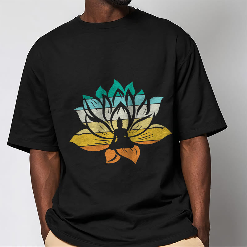 Buddha Stonesグラデーションカラーの蓮の花仏瞑想コットンTシャツ - image 2
