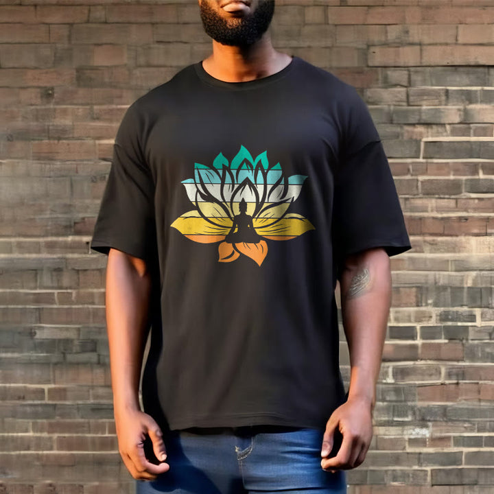 Buddha Stonesグラデーションカラーの蓮の花仏瞑想コットンTシャツ - image 3