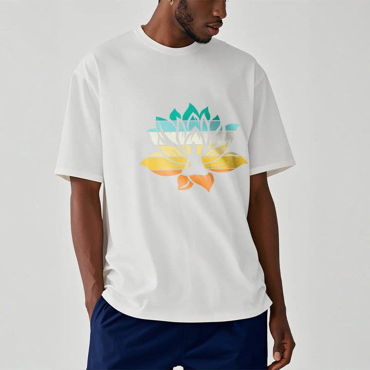 Buddha Stonesグラデーションカラーの蓮の花仏瞑想コットンTシャツ - image 6