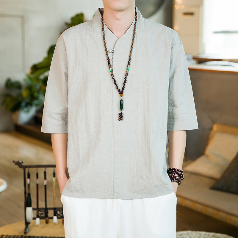 Buddha Stonesサマー ヴィンテージ 無地 カエルボタンデザイン メンズ コットン 七分袖シャツ - image 9