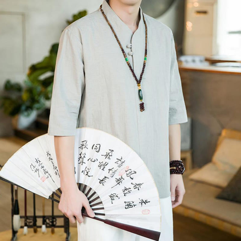 Buddha Stonesサマー ヴィンテージ 無地 カエルボタンデザイン メンズ コットン 七分袖シャツ - image 12