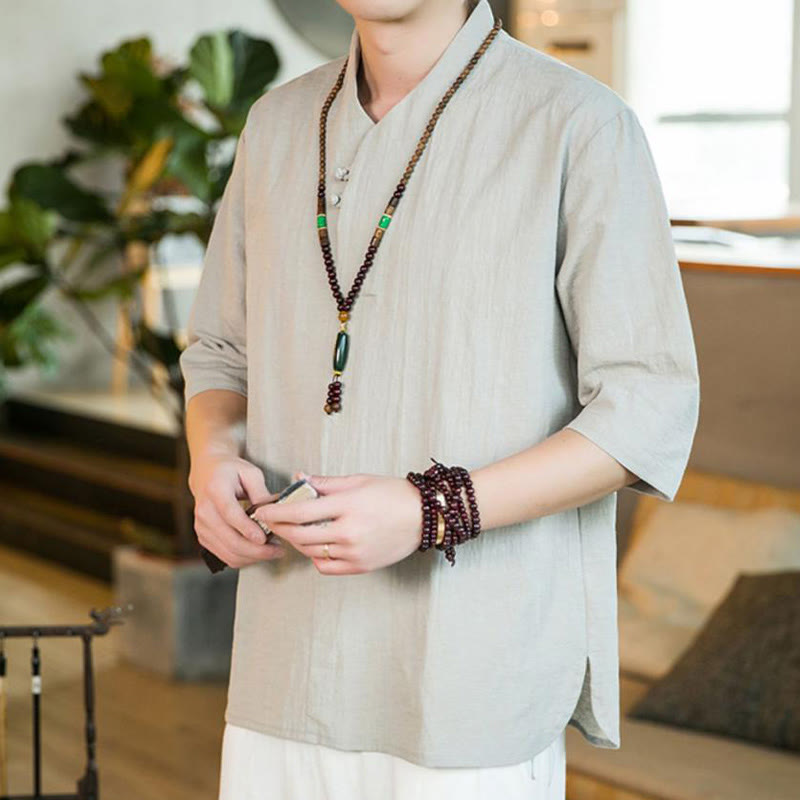 Buddha Stonesサマー ヴィンテージ 無地 カエルボタンデザイン メンズ コットン 七分袖シャツ - image 10