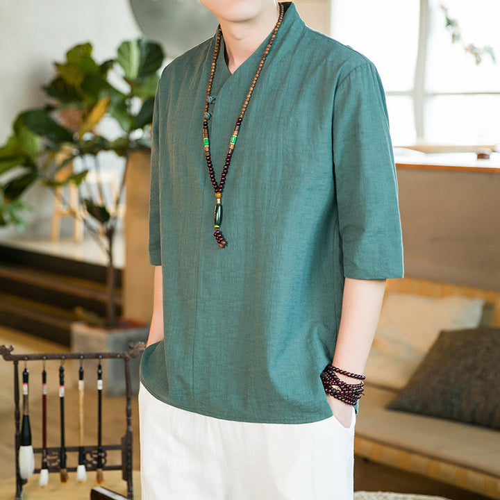 Buddha Stonesサマー ヴィンテージ 無地 カエルボタンデザイン メンズ コットン 七分袖シャツ - image 2