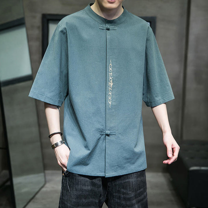Buddha Stonesカジュアル 無地 カエルボタン刺繍 メンズ コットンリネンシャツ - カデットブルー - US/UK/AU46、 EU56 (5XL) - image 0