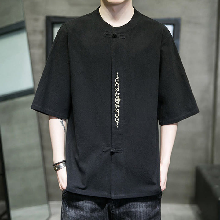 Buddha Stonesカジュアル 無地 カエルボタン刺繍 メンズ コットンリネンシャツ - 黒 - US/UK/AU46、 EU56 (5XL) - image 17