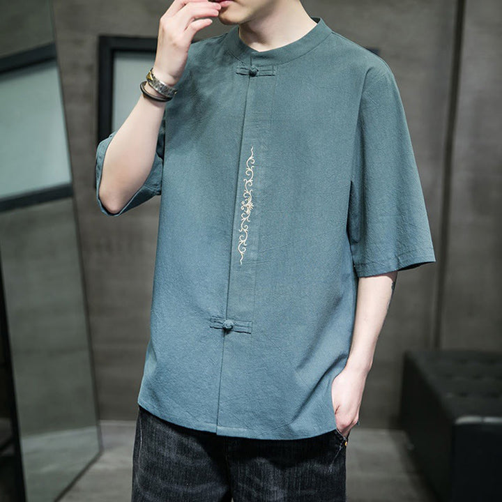 Buddha Stonesカジュアル 無地 カエルボタン 刺繍 メンズ コットン リネン シャツ カーディガン - image 4