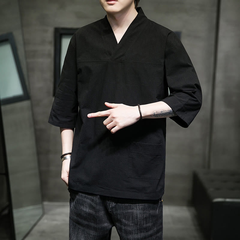 Buddha Stones夏 カジュアル シンプル Vネック デザイン メンズ コットン リネン 七分袖 Tシャツ フロントポケット付き - image 18