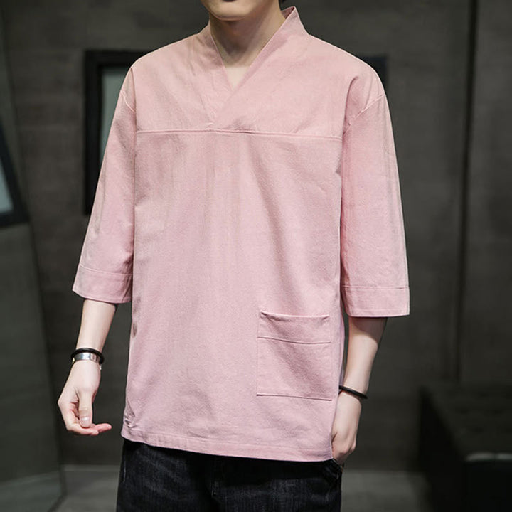 Buddha Stones夏 カジュアル シンプル Vネック デザイン メンズ コットン リネン 七分袖 Tシャツ フロントポケット付き - image 10