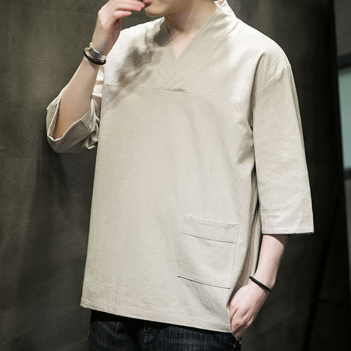 Buddha Stones夏 カジュアル シンプル Vネック デザイン メンズ コットン リネン 七分袖 Tシャツ フロントポケット付き - image 5