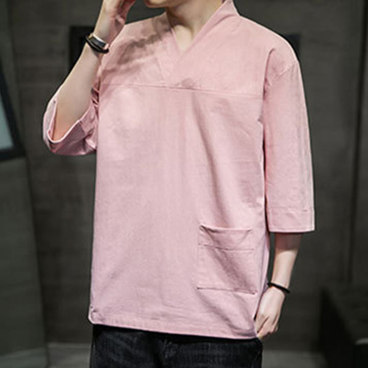 Buddha Stones夏 カジュアル シンプル Vネック デザイン メンズ コットン リネン 七分袖 Tシャツ フロントポケット付き - image 13