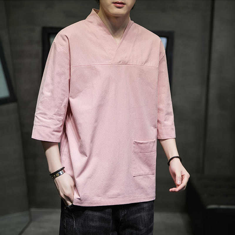 Buddha Stones夏 カジュアル シンプル Vネック デザイン メンズ コットン リネン 七分袖 Tシャツ フロントポケット付き - image 11