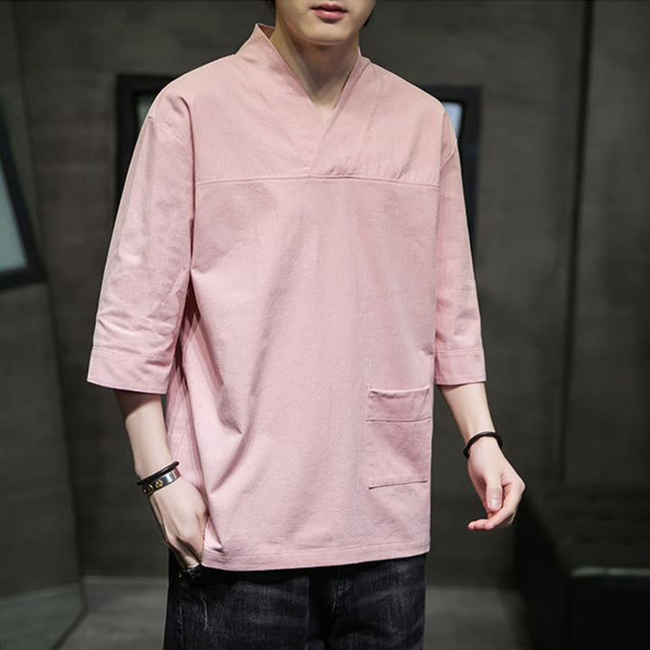 Buddha Stones夏 カジュアル シンプル Vネック デザイン メンズ コットン リネン 七分袖 Tシャツ フロントポケット付き - image 11