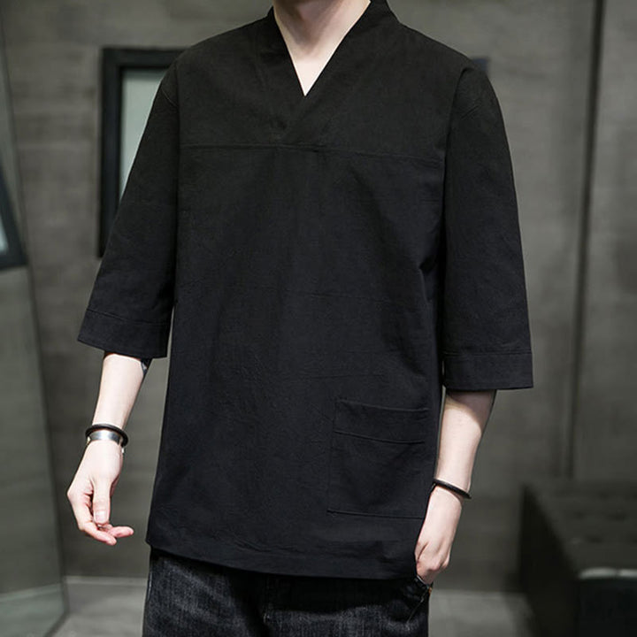 Buddha Stones夏 カジュアル シンプル Vネック デザイン メンズ コットン リネン 七分袖 Tシャツ フロントポケット付き - image 19