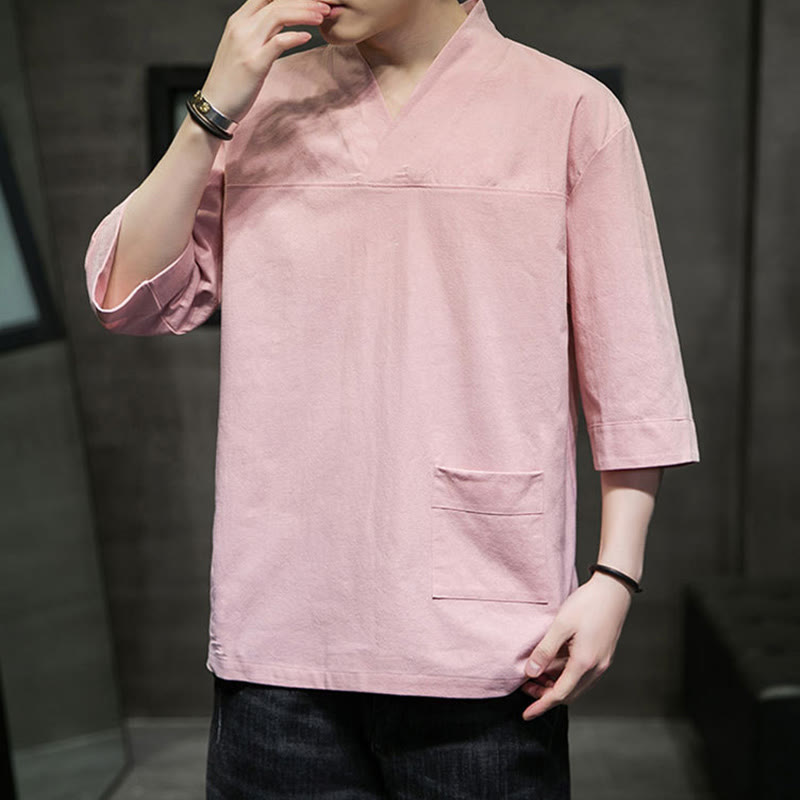 Buddha Stones夏 カジュアル シンプル Vネック デザイン メンズ コットン リネン 七分袖 Tシャツ フロントポケット付き - image 12