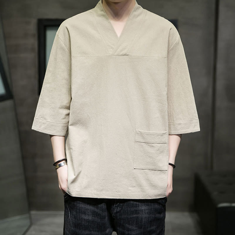 Buddha Stones夏 カジュアル シンプル Vネック デザイン メンズ コットン リネン 七分袖 Tシャツ フロントポケット付き - image 1