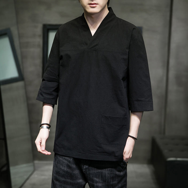 Buddha Stones夏 カジュアル シンプル Vネック デザイン メンズ コットン リネン 七分袖 Tシャツ フロントポケット付き - 黒 - US/UK/AU46、 EU56 (5XL) - image 16