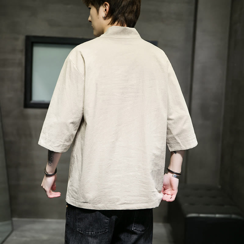 Buddha Stones夏 カジュアル シンプル Vネック デザイン メンズ コットン リネン 七分袖 Tシャツ フロントポケット付き - image 2