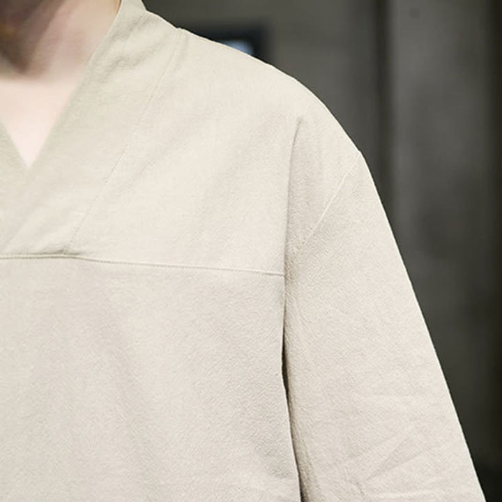 Buddha Stones夏 カジュアル シンプル Vネック デザイン メンズ コットン リネン 七分袖 Tシャツ フロントポケット付き - image 8