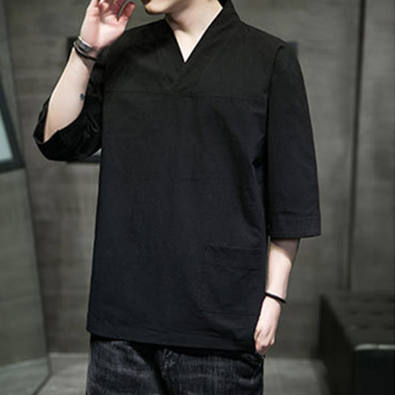 Buddha Stones夏 カジュアル シンプル Vネック デザイン メンズ コットン リネン 七分袖 Tシャツ フロントポケット付き - image 17