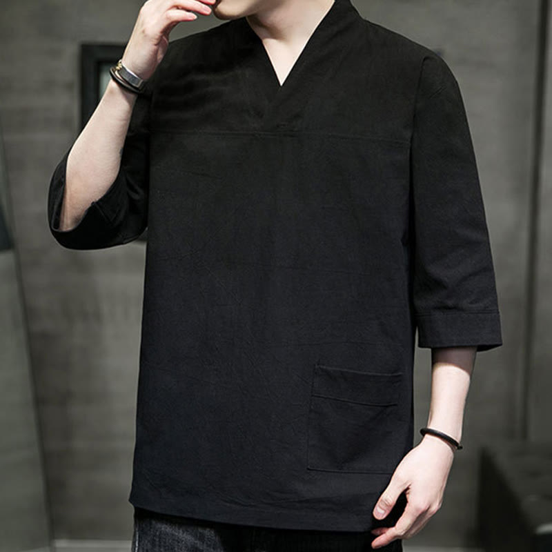 Buddha Stones夏 カジュアル シンプル Vネック デザイン メンズ コットン リネン 七分袖 Tシャツ フロントポケット付き - image 22