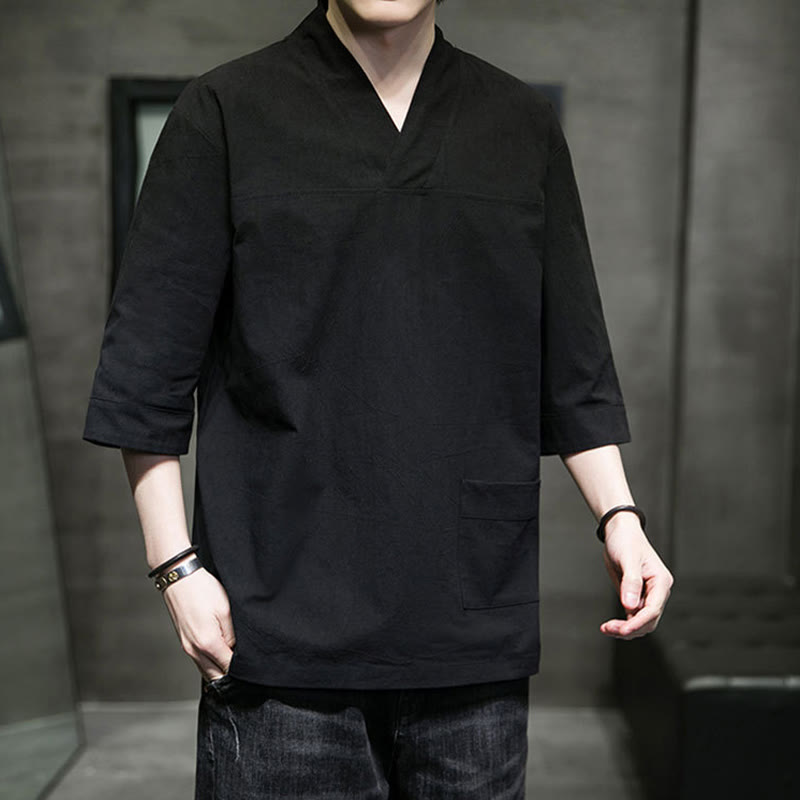 Buddha Stones夏 カジュアル シンプル Vネック デザイン メンズ コットン リネン 七分袖 Tシャツ フロントポケット付き - image 21