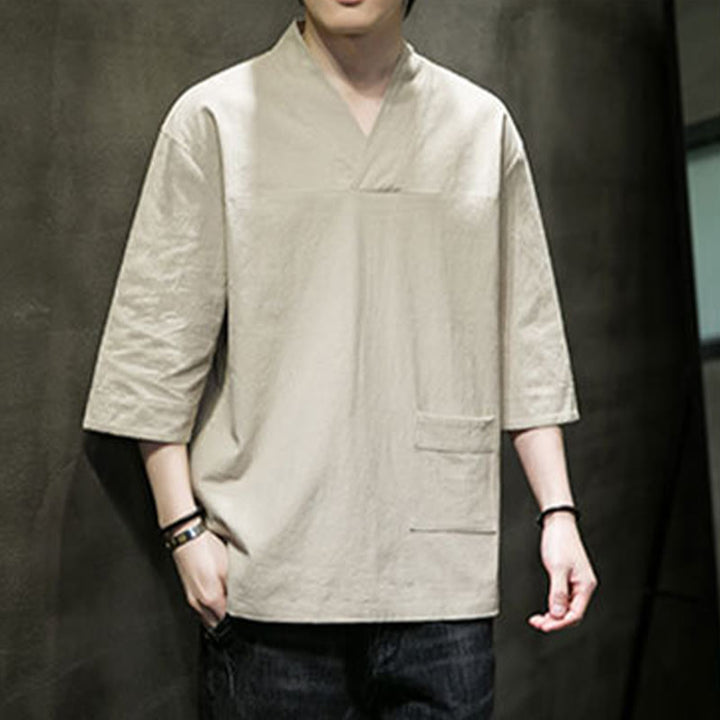 Buddha Stones夏 カジュアル シンプル Vネック デザイン メンズ コットン リネン 七分袖 Tシャツ フロントポケット付き - image 3