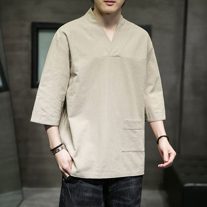 Buddha Stones夏 カジュアル シンプル Vネック デザイン メンズ コットン リネン 七分袖 Tシャツ フロントポケット付き - ペールゴールデンロッド - US/UK/AU46、 EU56 (5XL) - image 0