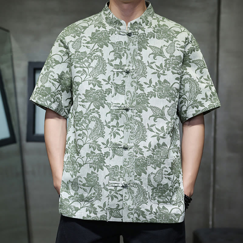 Buddha Stonesカジュアル ジャカード ペイズリー 花 植物柄 カエルボタンデザイン メンズ コットン シャツ カーディガン ポケット付き