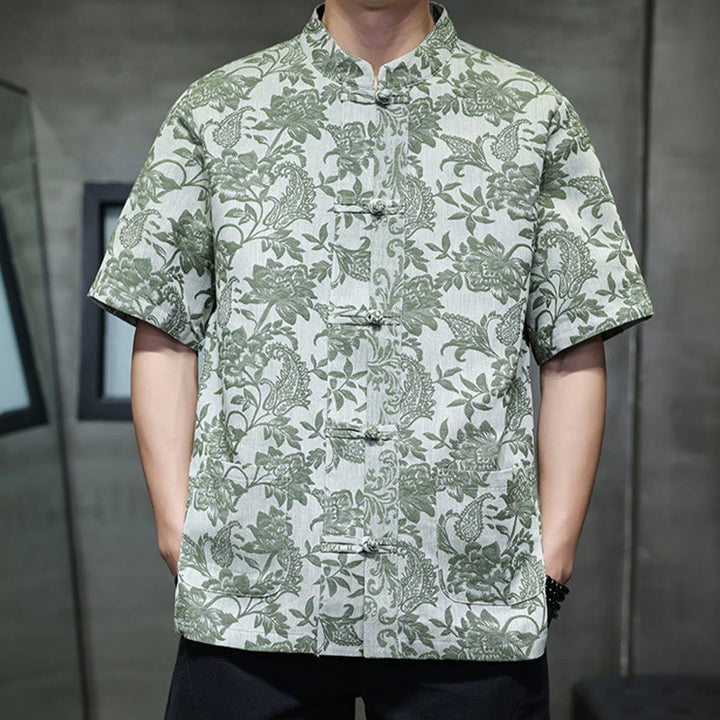 Buddha Stonesカジュアル ジャカード ペイズリー 花 植物柄 カエルボタンデザイン メンズ コットン シャツ カーディガン ポケット付き