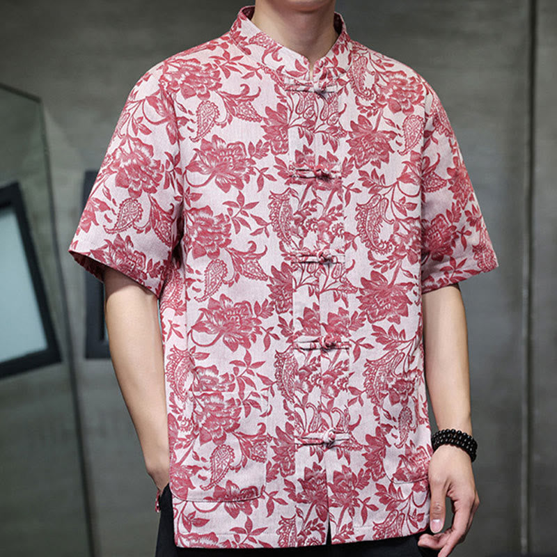 Buddha Stonesカジュアル ジャカード ペイズリー 花 植物柄 カエルボタンデザイン メンズ コットン シャツ カーディガン ポケット付き