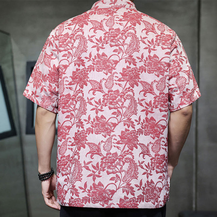 Buddha Stonesカジュアル ジャカード ペイズリー 花 植物柄 カエルボタンデザイン メンズ コットン シャツ カーディガン ポケット付き