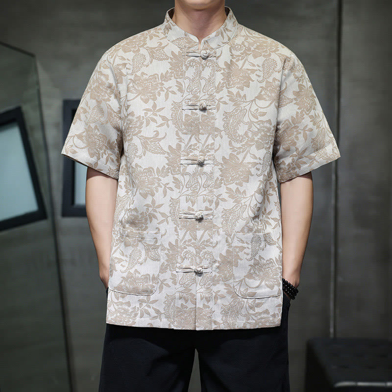 Buddha Stonesカジュアル ジャカード ペイズリー 花 植物柄 カエルボタンデザイン メンズ コットン シャツ カーディガン ポケット付き - タン - US/UK/AU44、 EU54 (4XL) - image 9