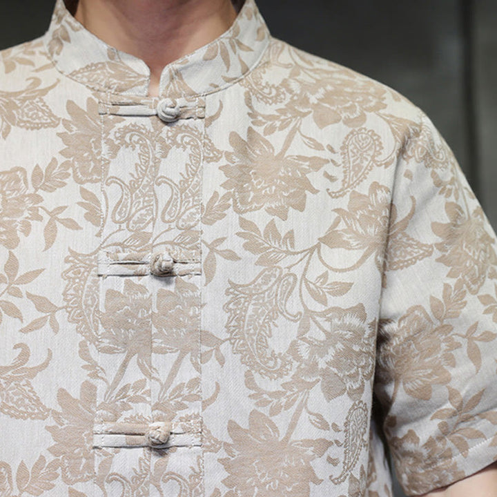 Buddha Stonesカジュアル ジャカード ペイズリー 花 植物柄 カエルボタンデザイン メンズ コットン シャツ カーディガン ポケット付き