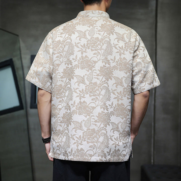 Buddha Stonesカジュアル ジャカード ペイズリー 花 植物柄 カエルボタンデザイン メンズ コットン シャツ カーディガン ポケット付き