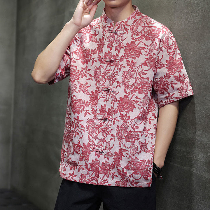 Buddha Stonesカジュアル ジャカード ペイズリー 花 植物柄 カエルボタンデザイン メンズ コットン シャツ カーディガン ポケット付き - image 1